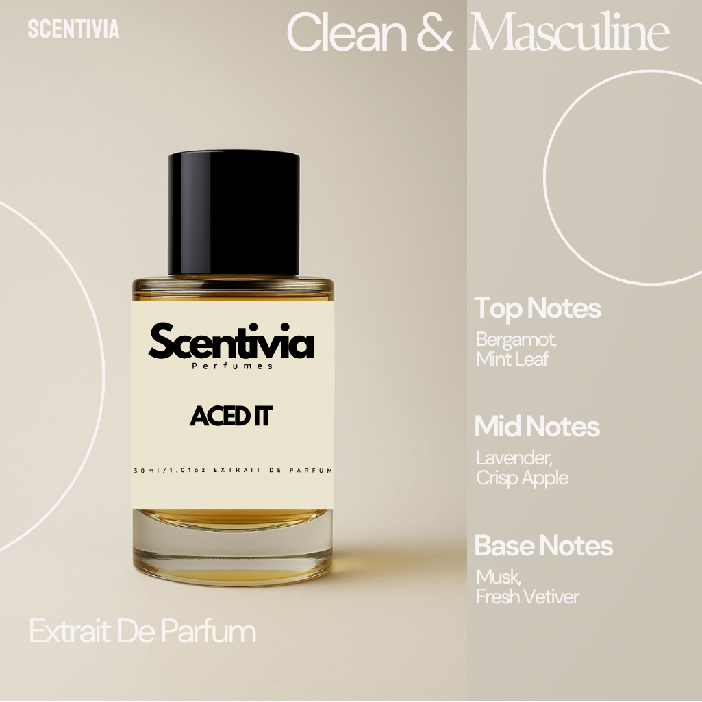 Scentivia Extrait De Parfum bottle on a beige background with product details.