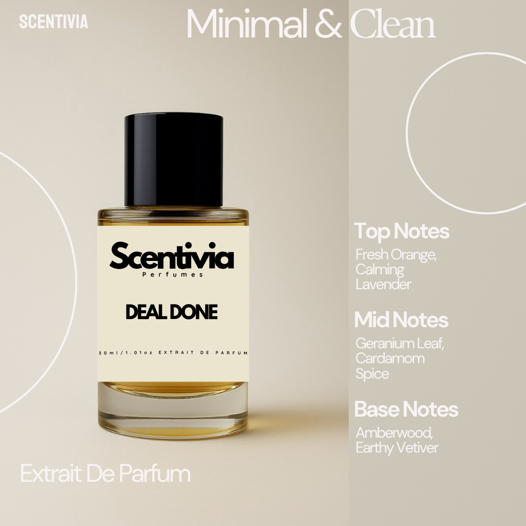 Scentivia perfume bottle with product details on a beige background