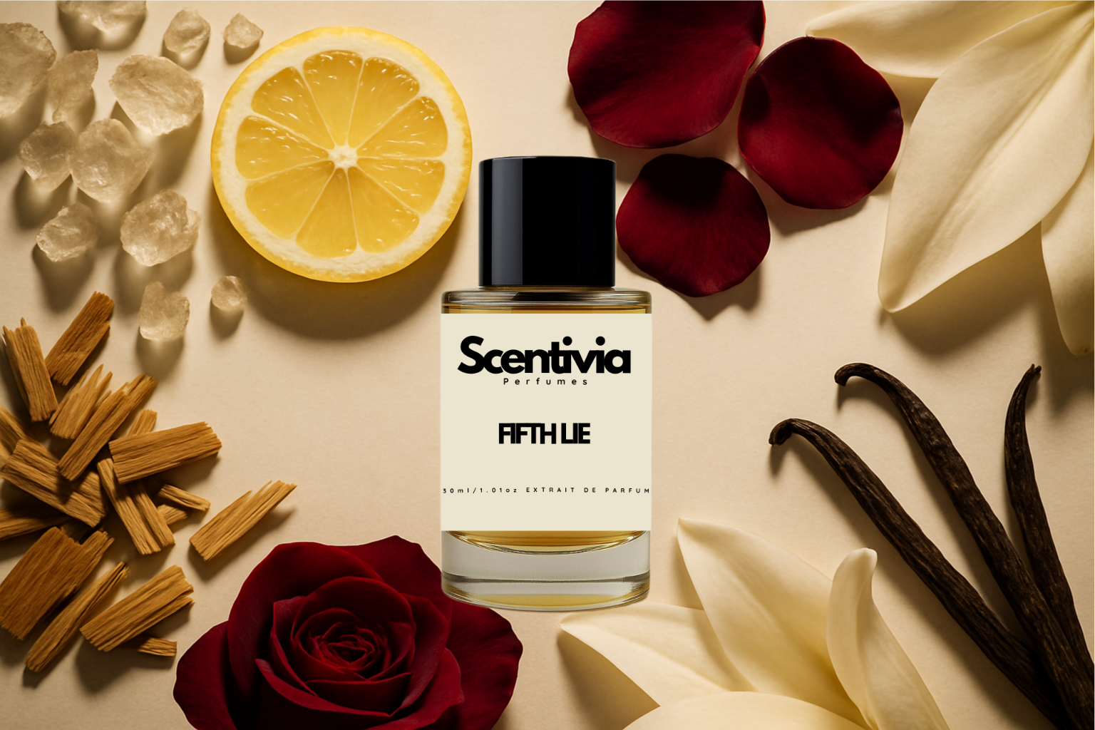 Scentivia perfume bottle with lemon, rose petals, vanilla beans, and lilies on a beige background