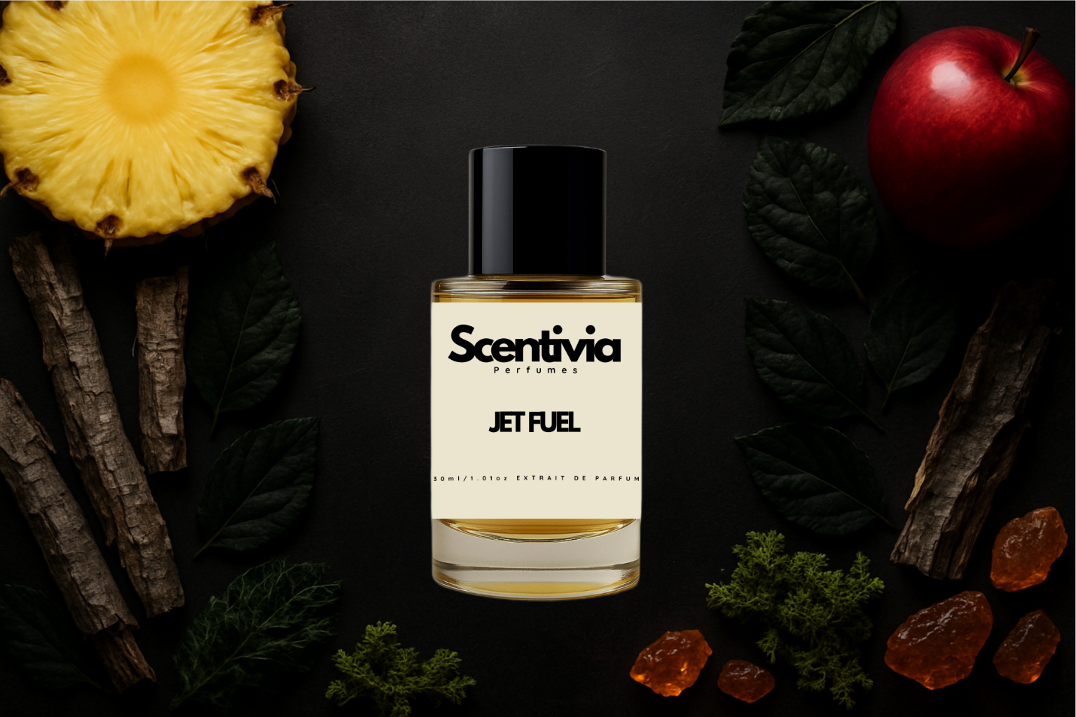 Scentivia Jet Fuel perfume bottle surrounded by pineapple, apple, cinnamon sticks, and leaves on a dark background