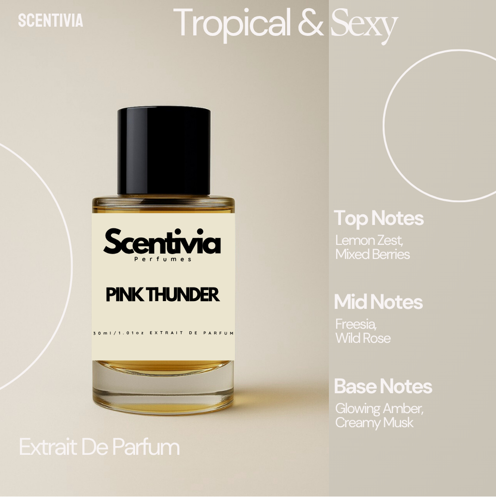 Scentivia Pink Thunder perfume bottle on a beige background with product details.
