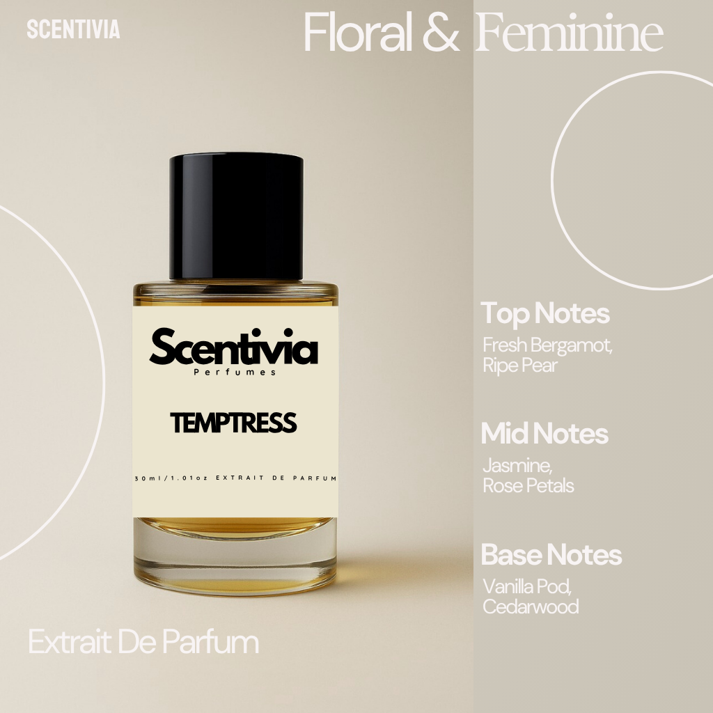 Scentivia Temptress perfume bottle on a beige background with product details.