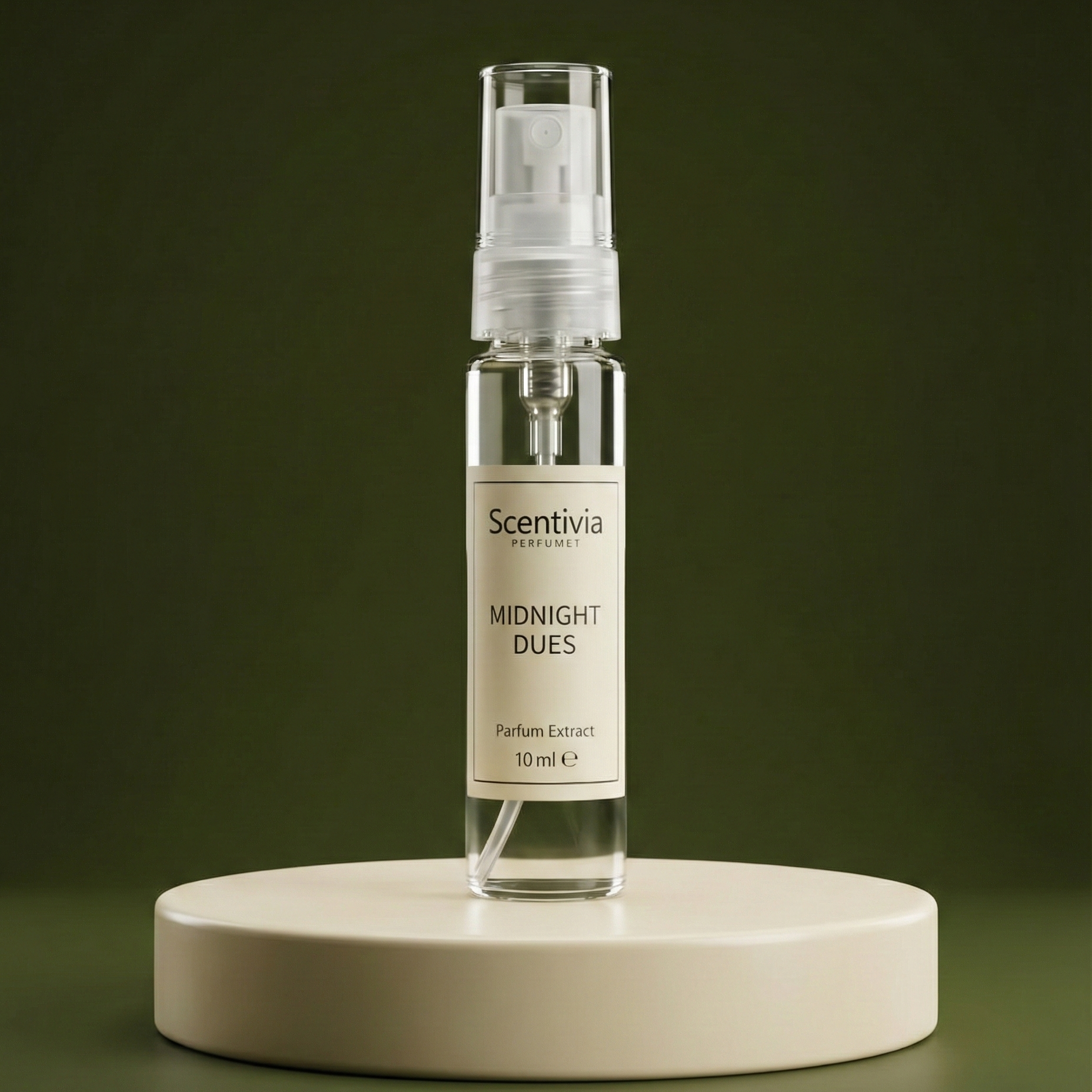 Scentivia Midnight Dues perfume extract bottle on a dark green background